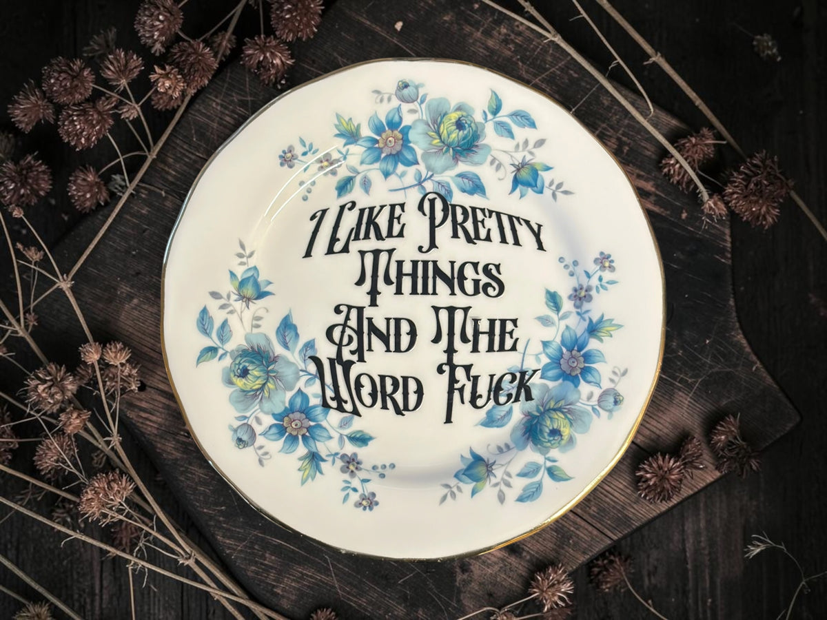 Vintage plate with the words I Like Pretty Things and the Word Fuck
