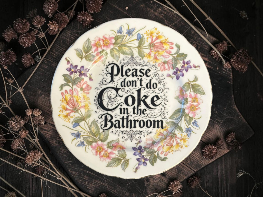 Vintage decorative plate reading Please Don’t Do Coke in the Bathroom