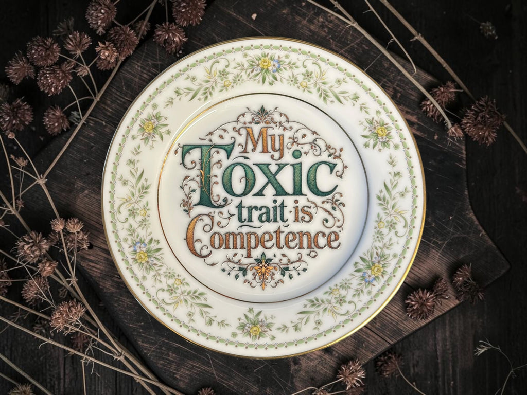Vintage decorative plate reading My Toxic Trait Is Competence