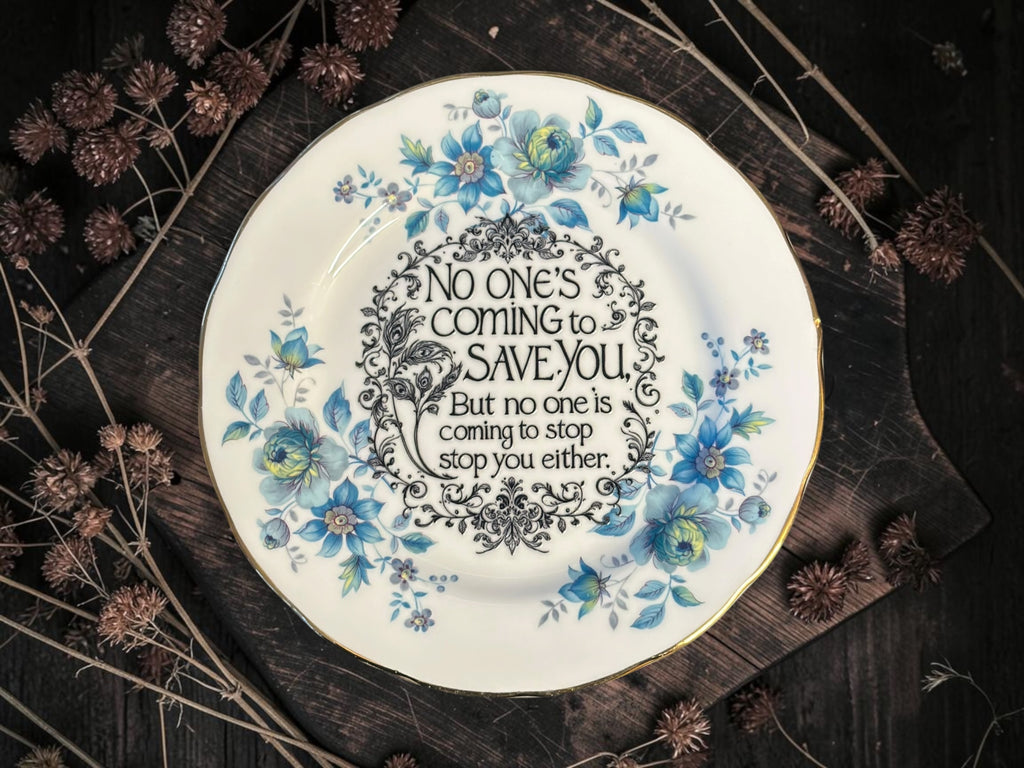 Vintage decorative plate reading No One’s Coming to Save You, But No One’s Coming to Stop You Either