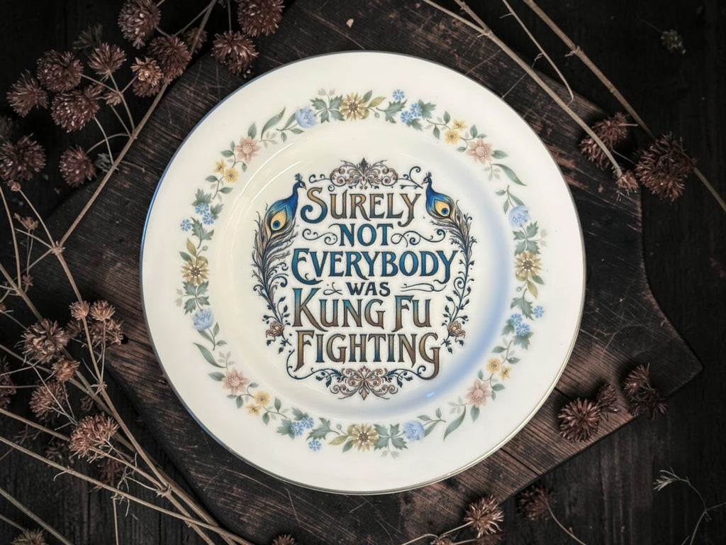 Vintage decorative plate reading Surely Not Everybody Was Kung Fu Fighting