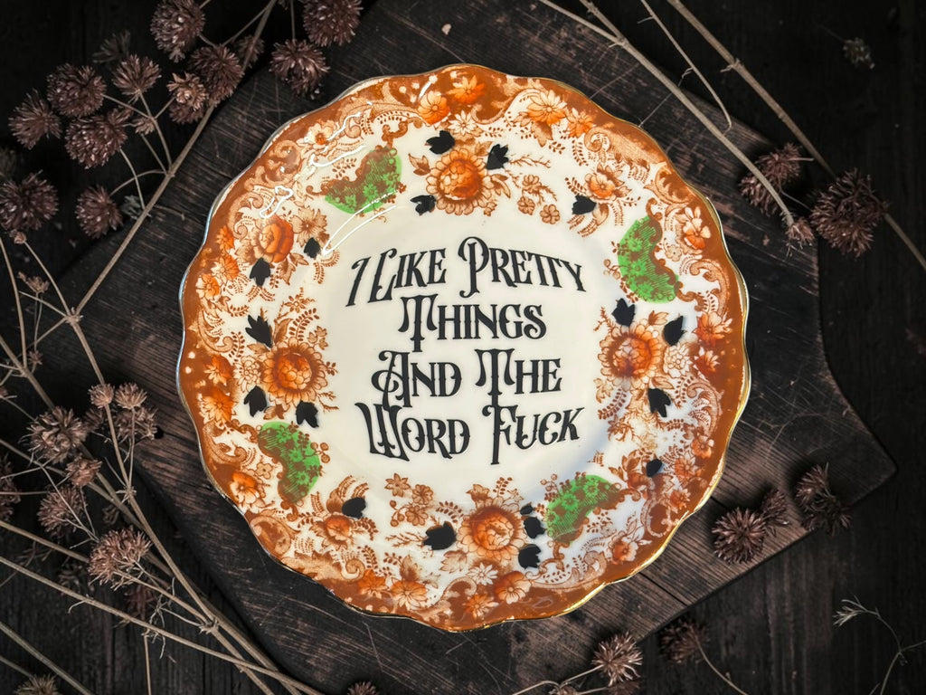 Vintage decorative plate reading I Like Pretty Things and the Word Fuck