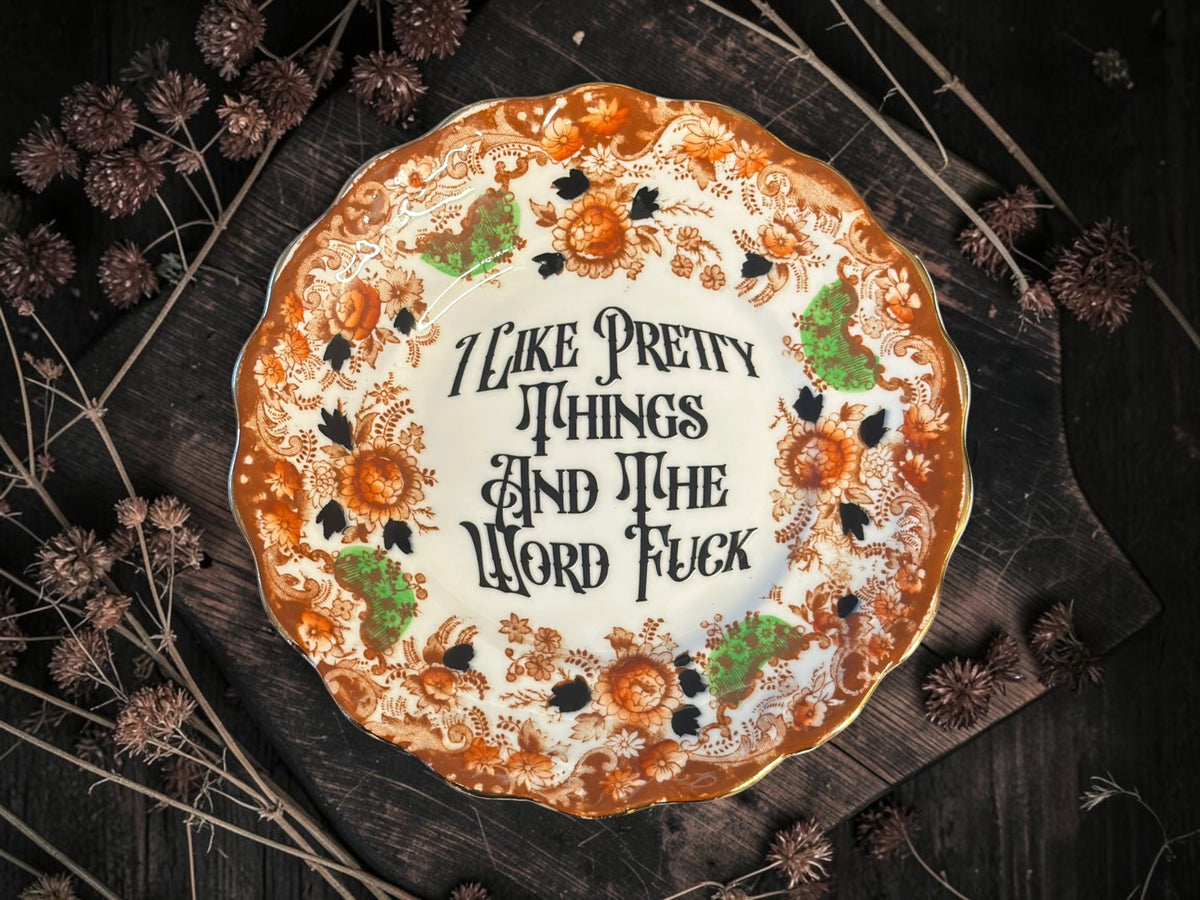 Vintage decorative plate reading I Like Pretty Things and the Word Fuck