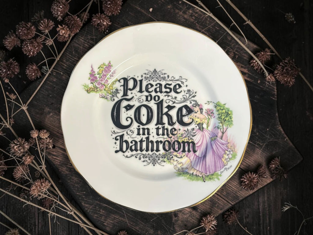 Vintage decorative plate reading Please Do Coke in the Bathroom