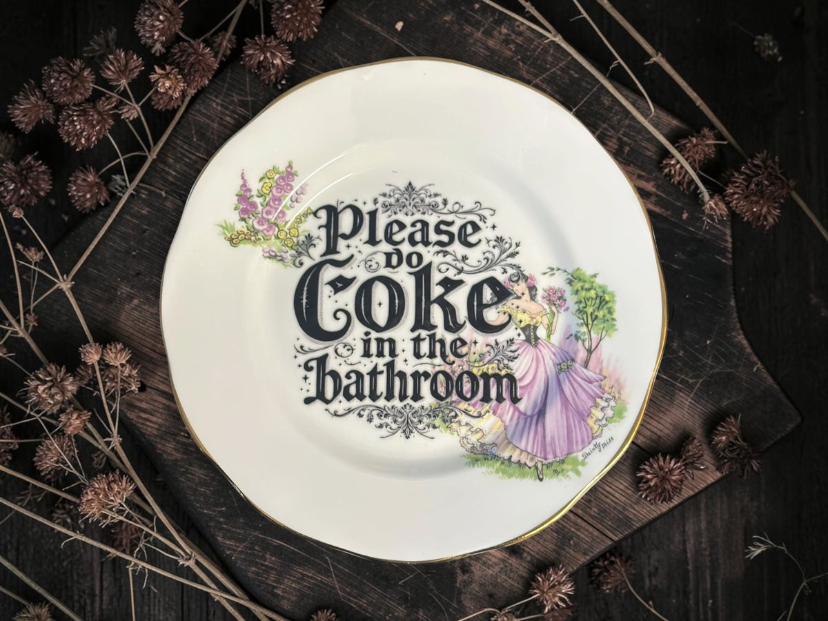 Vintage decorative plate reading Please Do Coke in the Bathroom