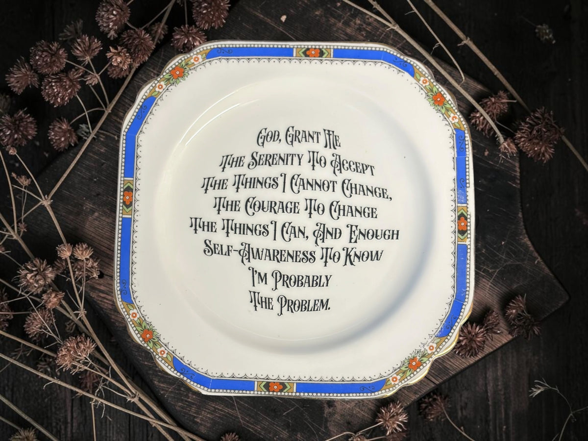 Vintage decorative plate reading God, Grant Me the Serenity to Accept the Things I Cannot Change, the Courage to Change the Things I Can, and Enough Self-Awareness to Know I'm Probably the Problem.
