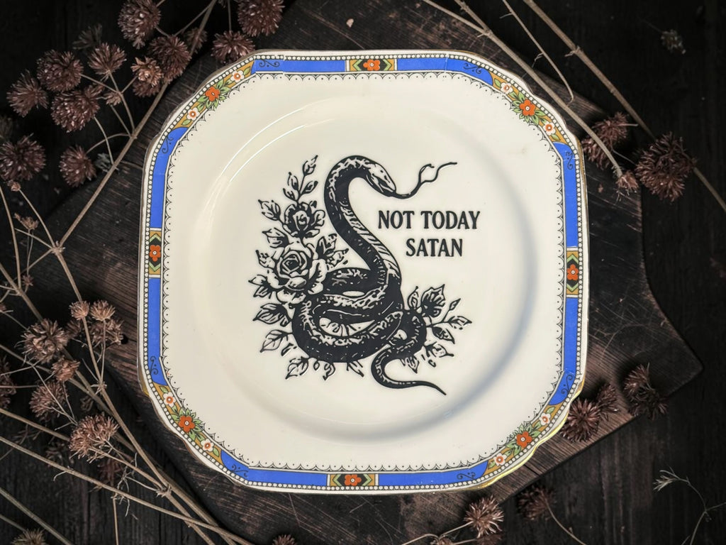 Vintage decorative plate reading Not Today Satan