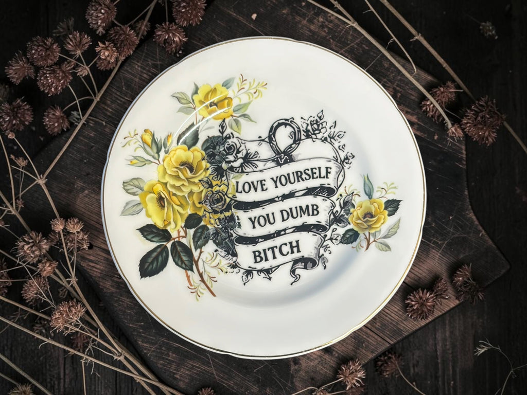 Vintage decorative plate reading Love Yourself You Dumb Bitch