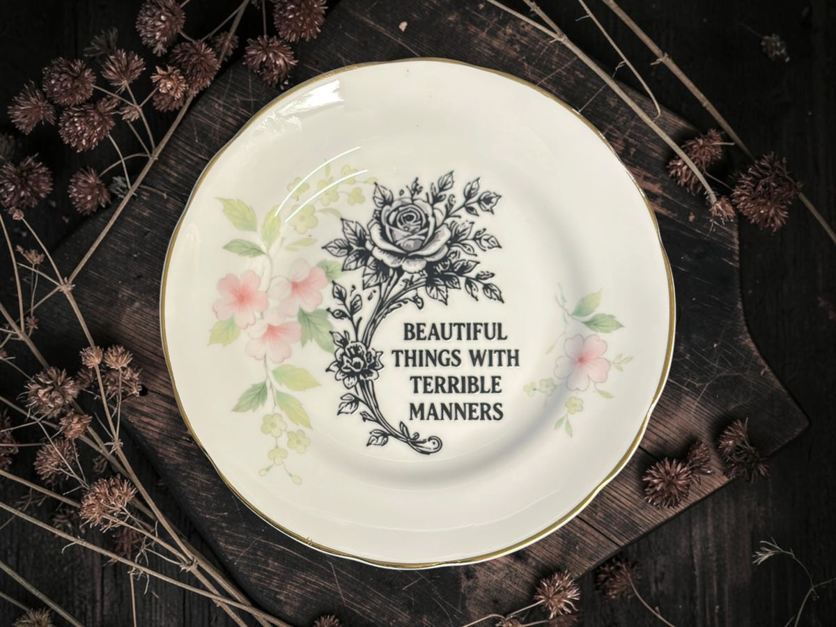 Vintage decorative plate featuring Beautiful Things with Terrible Manners