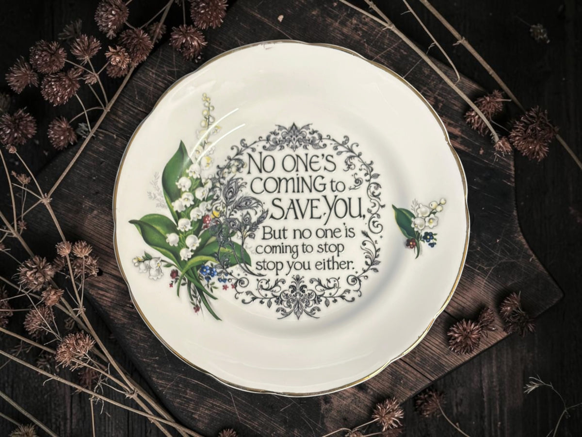 Vintage decorative plate featuring No One's Coming to Save You, But No One Is Coming to Stop You Either