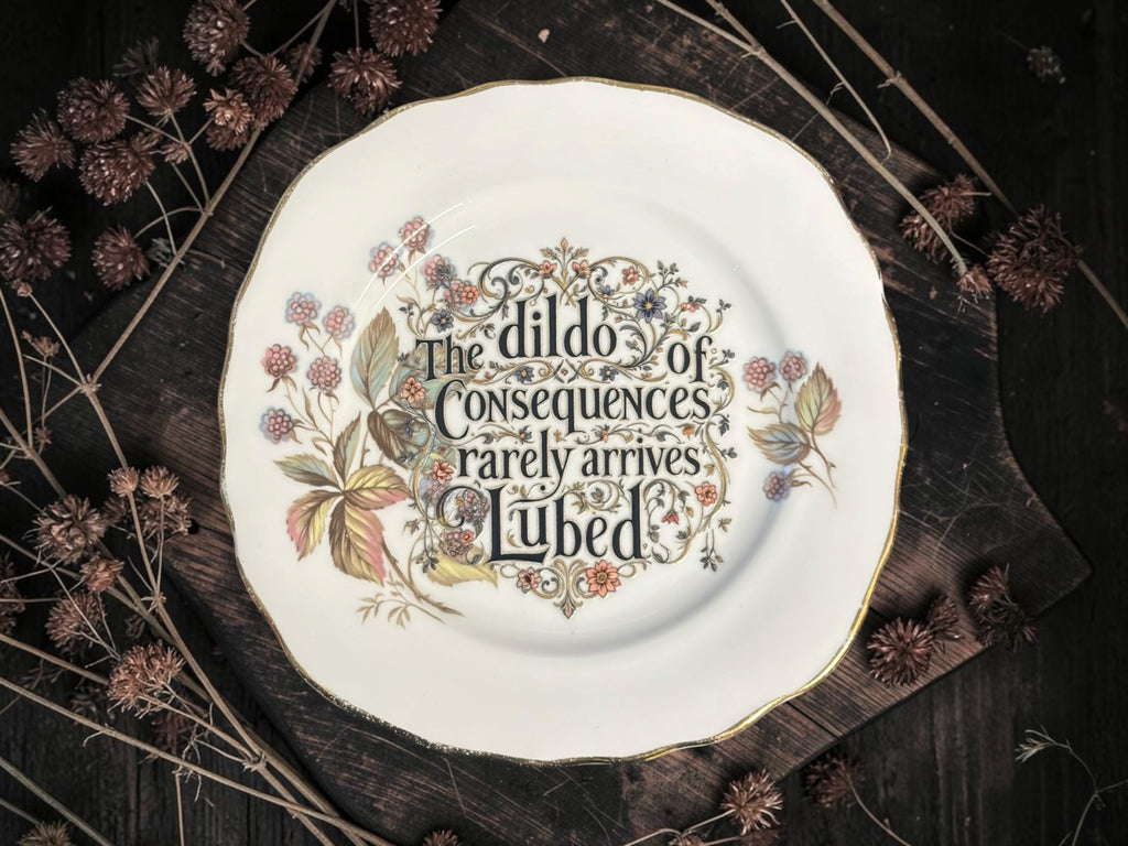 Vintage decorative plate featuring The Dildo of Consequences Rarely Arrives Lubed