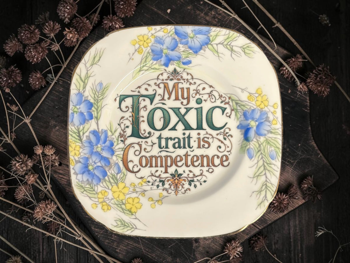 Vintage decorative plate featuring My Toxic Trait Is Competence