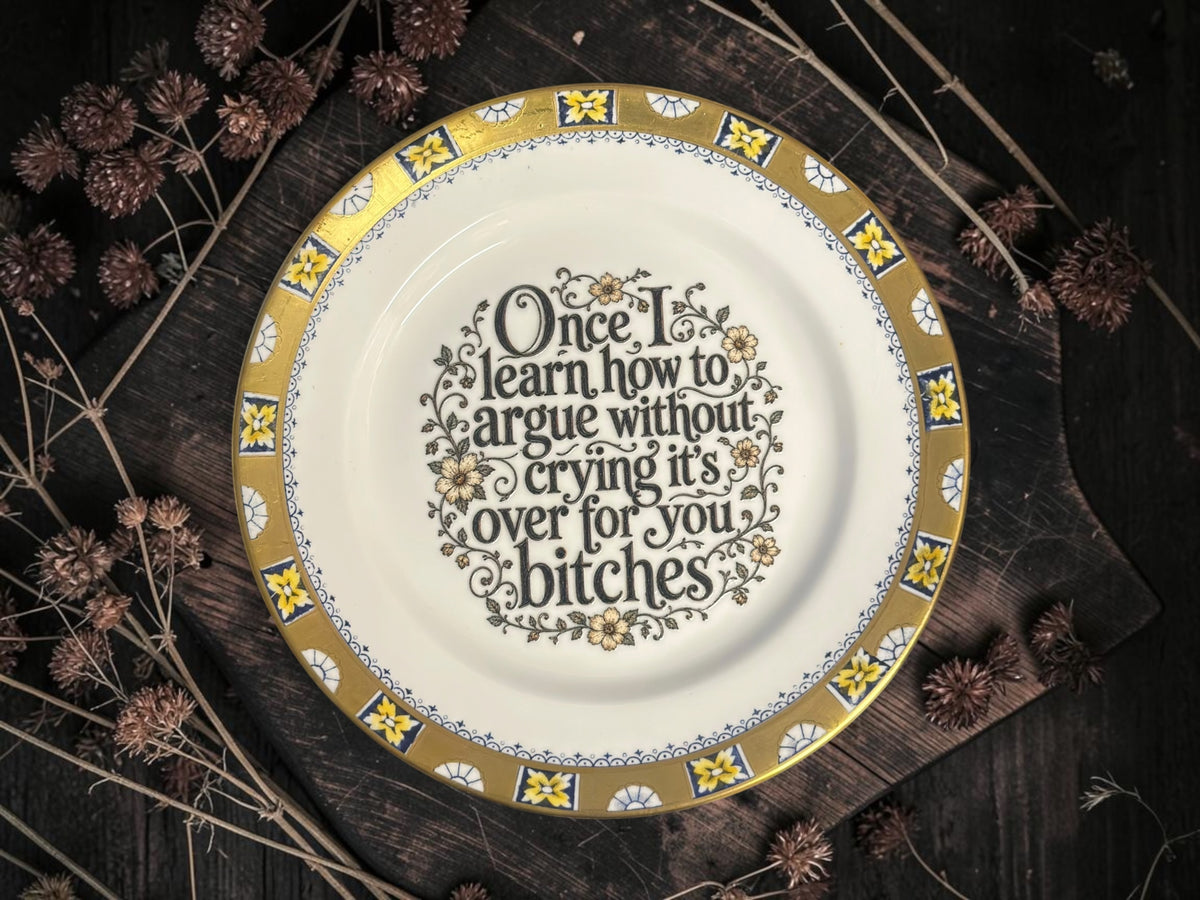 Vintage decorative plate featuring Once I Learn How to Argue Without Crying It's Over for You Bitches