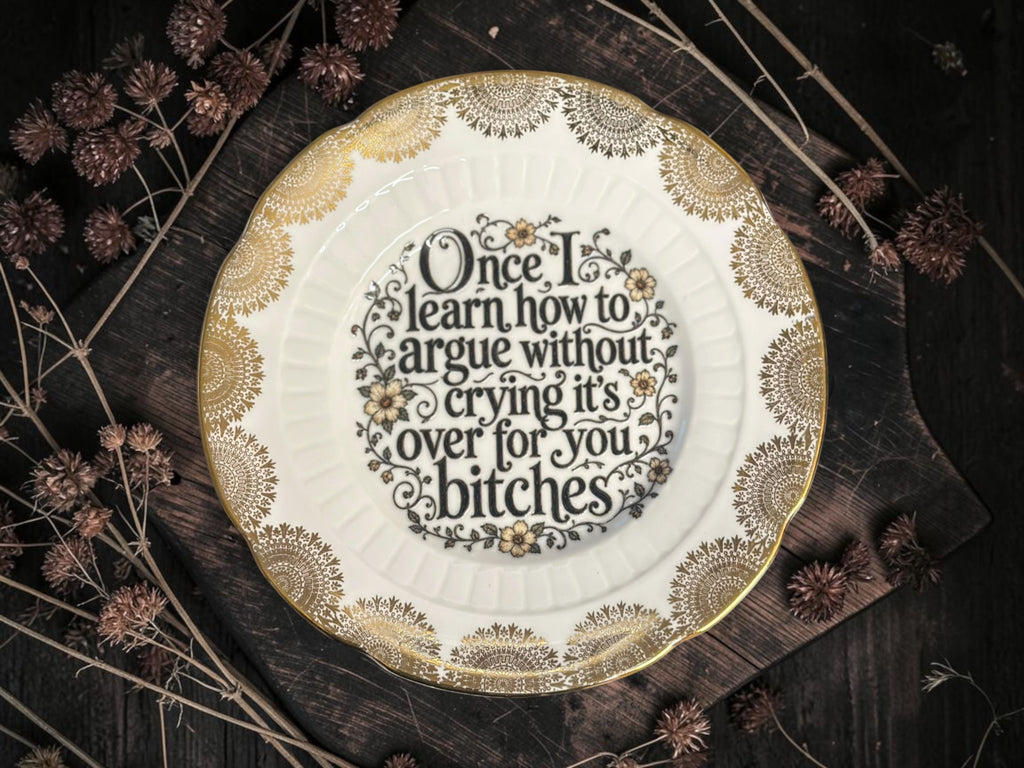 Vintage decorative plate reading Once I learn how to argue without crying it’s over for you bitches