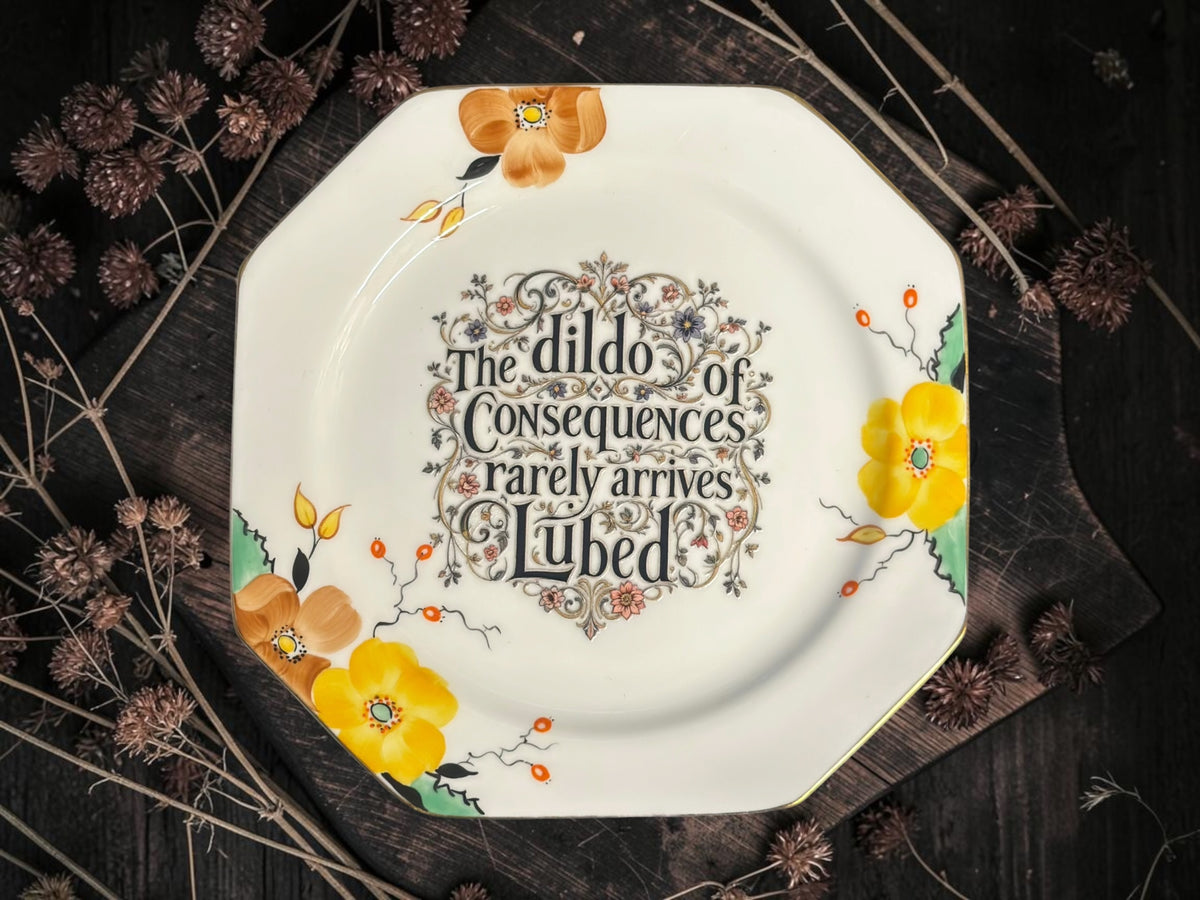 Vintage decorative plate reading The dildo of consequences rarely arrives lubed