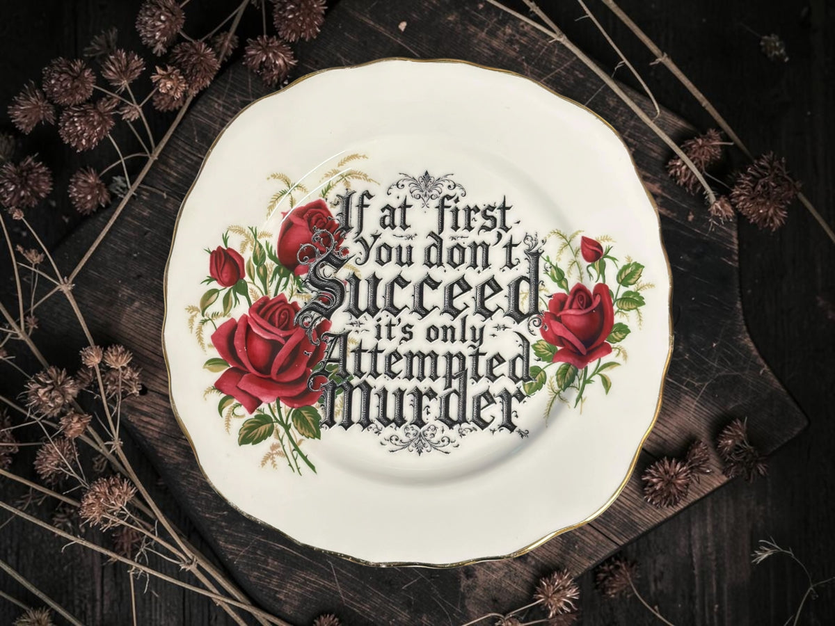 Vintage decorative plate reading If at first you don’t succeed it’s only attempted murder