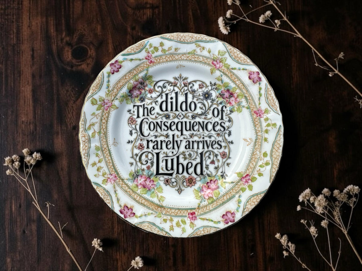 The Dildo of Consequences Rarely Arrives Lubed vintage plate