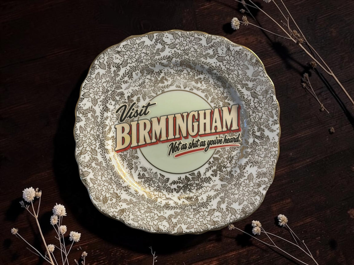 Gold floral chintz border vintage decorative plate reading Visit Birmingham – Not as Shit as You've Heard