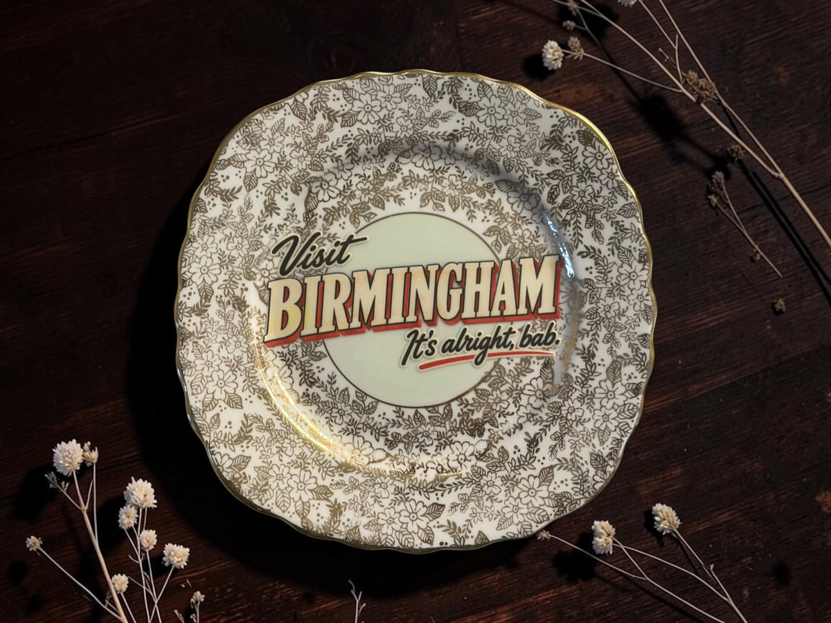Gold floral chintz border vintage decorative plate reading Visit Birmingham – It's Alright Bab