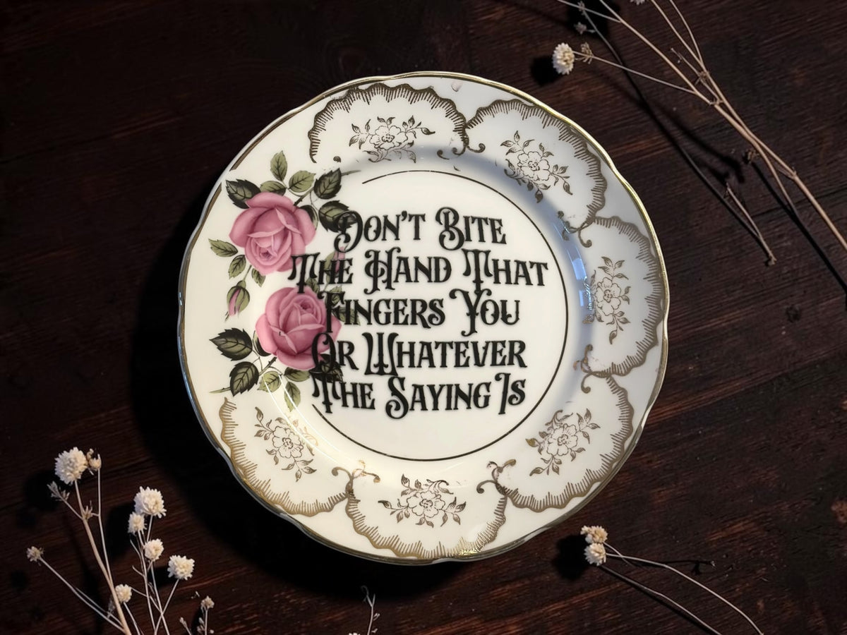Pink roses with ornate gold floral border vintage decorative plate with Don't Bite the Hand That Fingers You text