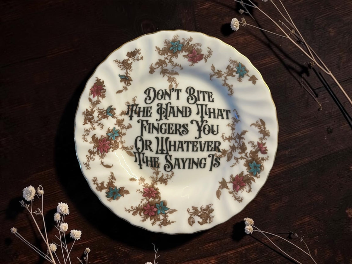 Pink and turquoise flowers with gold vines vintage decorative plate with Don't Bite the Hand That Fingers You text