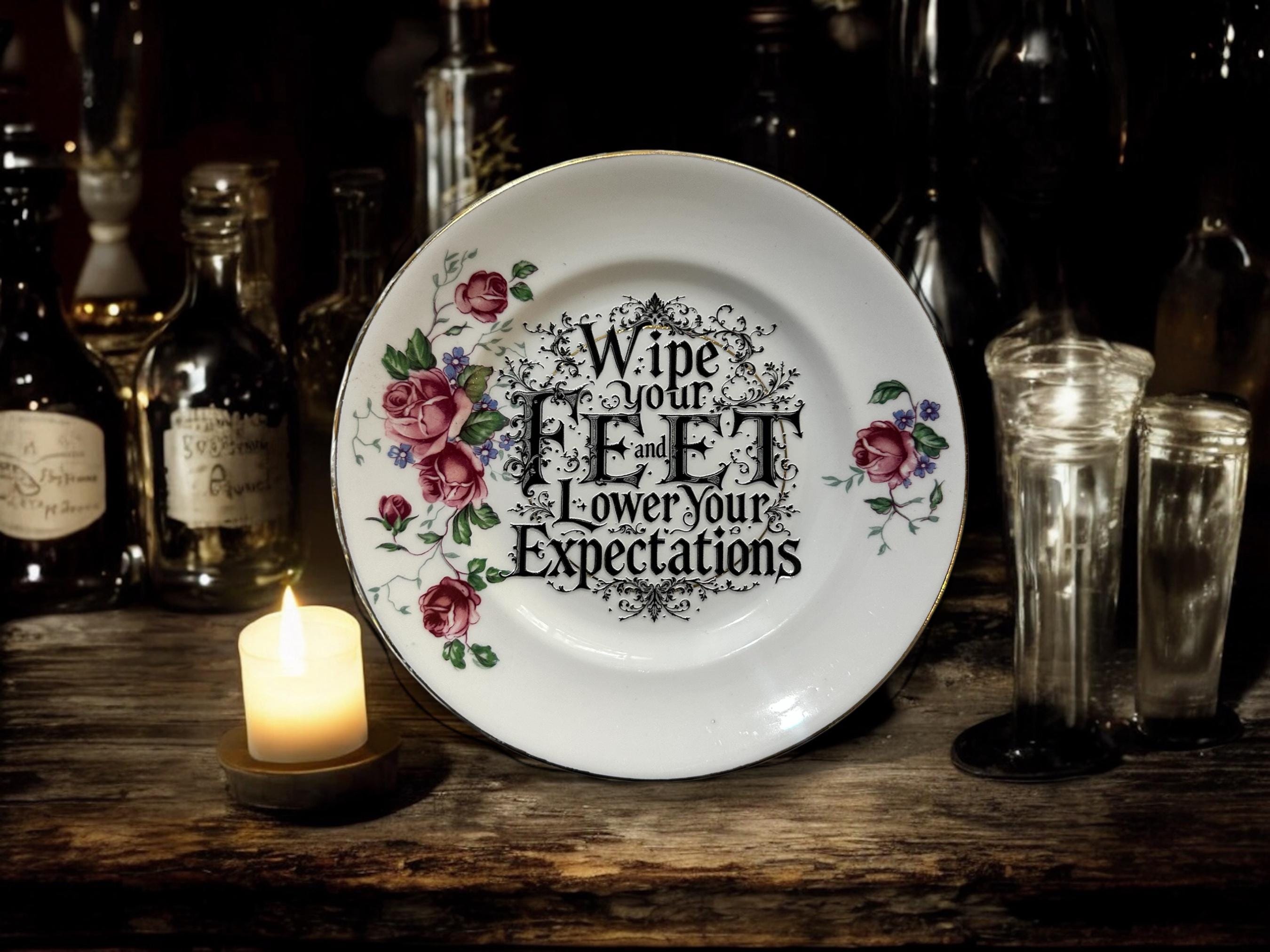 Wipe Your Feet and Lower Your Expectations Plate  Vintage Crackpottery with stand