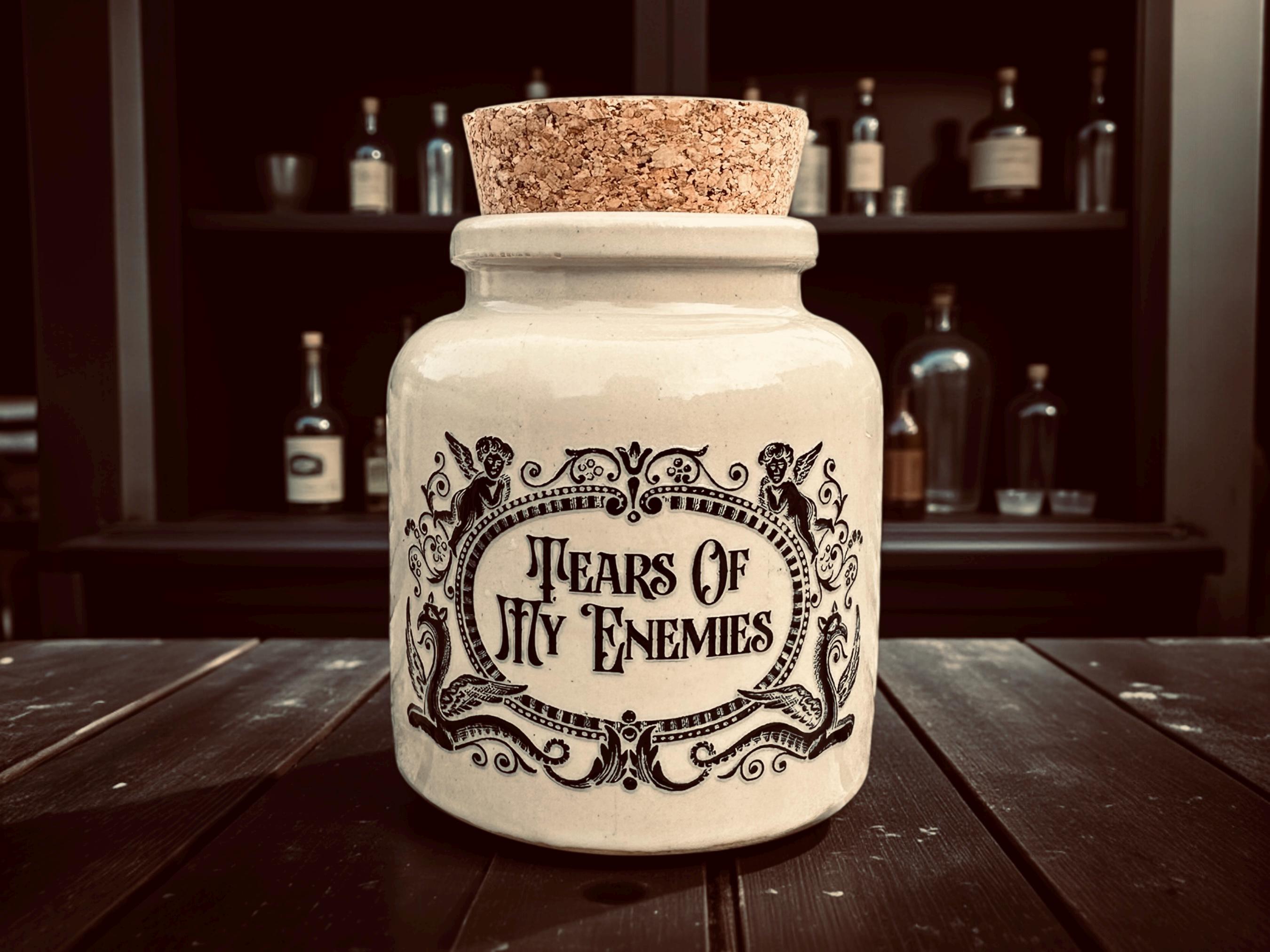 Tears of my enemies stoneware apothecary jar