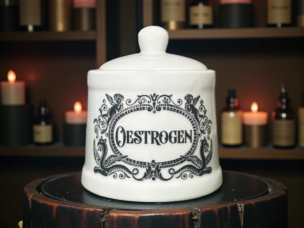 Oestrogen white apothecary jar pot
