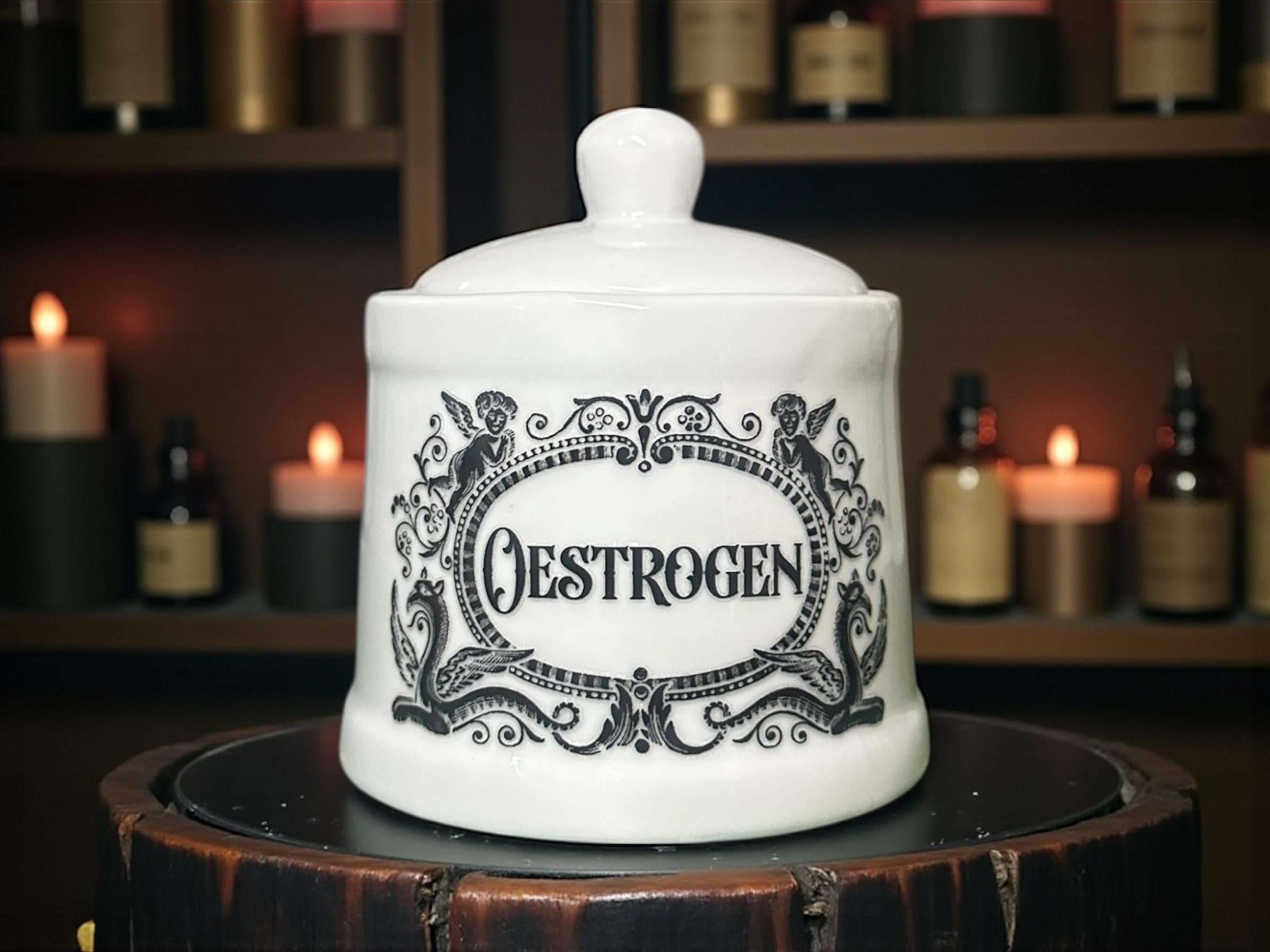 Oestrogen white apothecary jar pot
