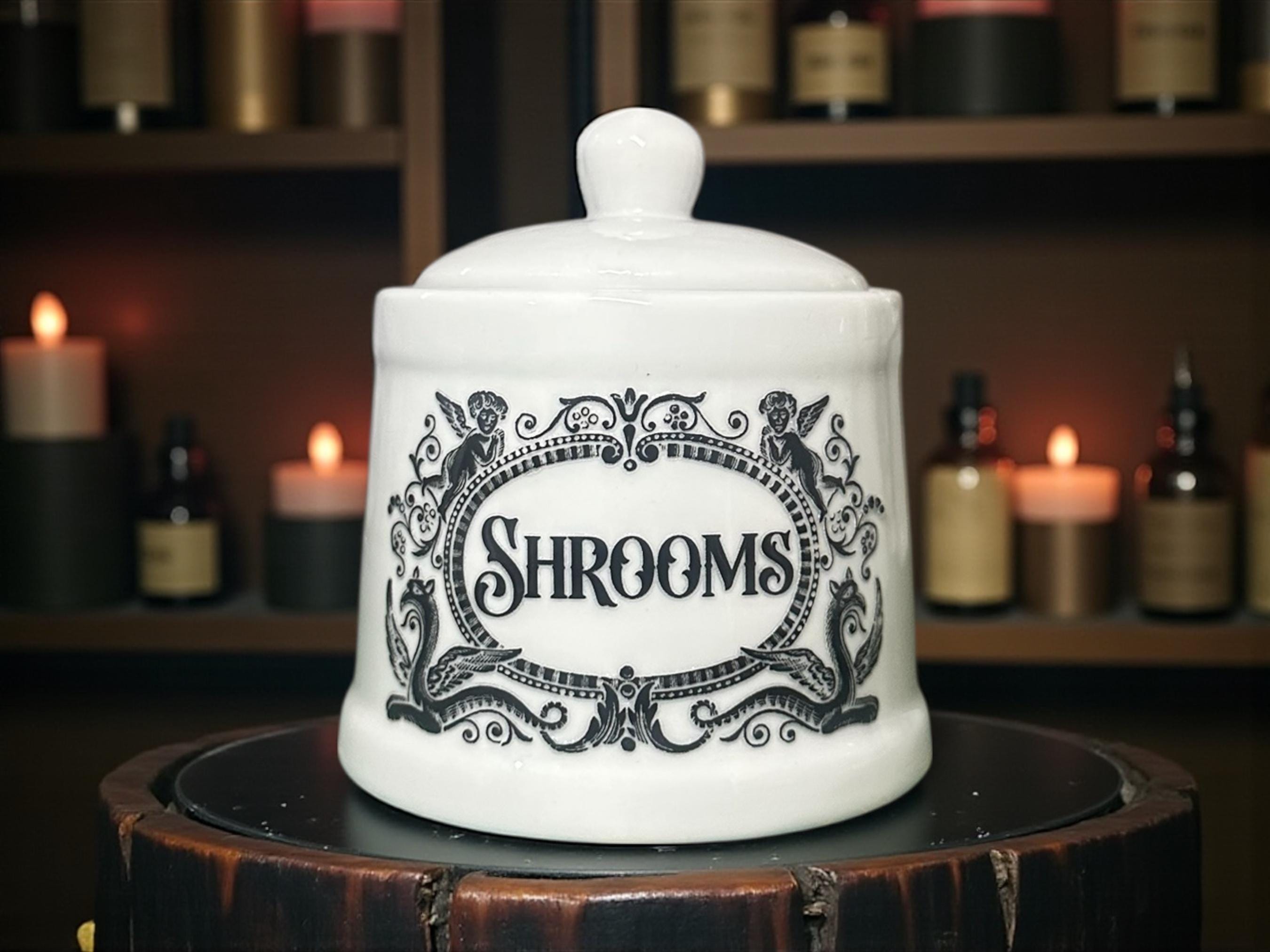 Shrooms white apothecary jar pot