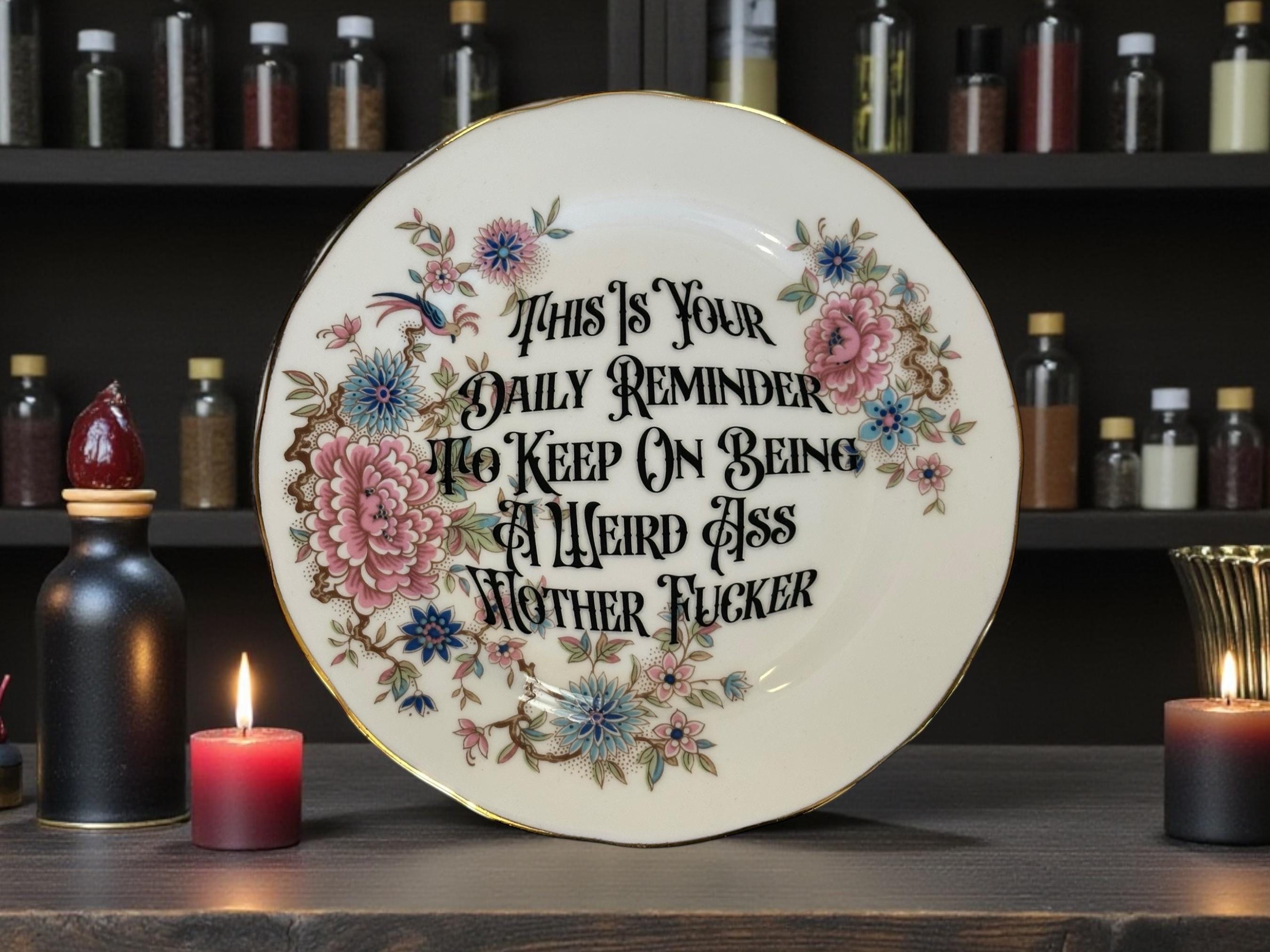 Vintage humorous ceramic plate | Dark humor wall decor with stand | Funny gift for friends | Conversation piece | Unusual decorative plate