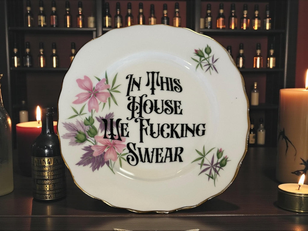 In This House We Fucking Swear Plate  Vintage Crackpottery with stand