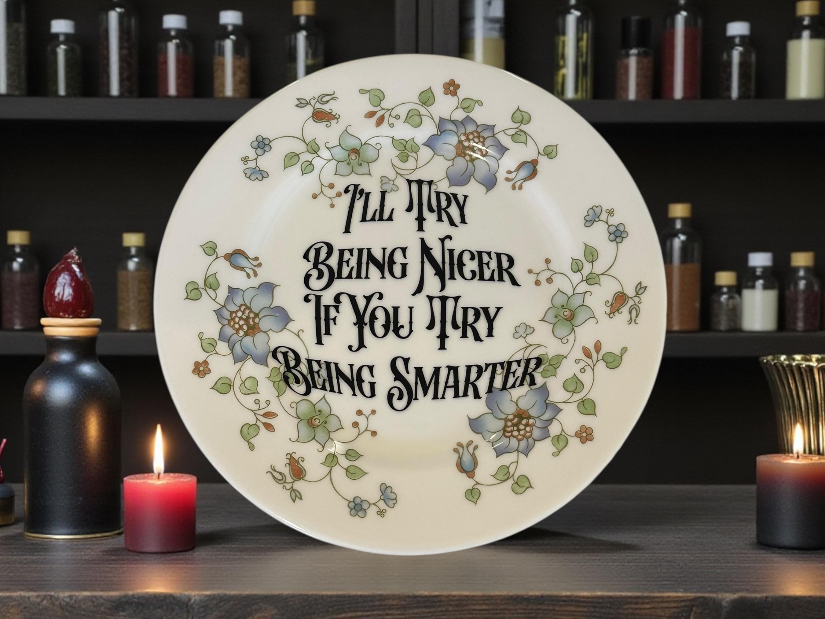 Ill Try Being Nicer If You Try Being Smarter Vintage Plate  Vintage Crackpottery with stand