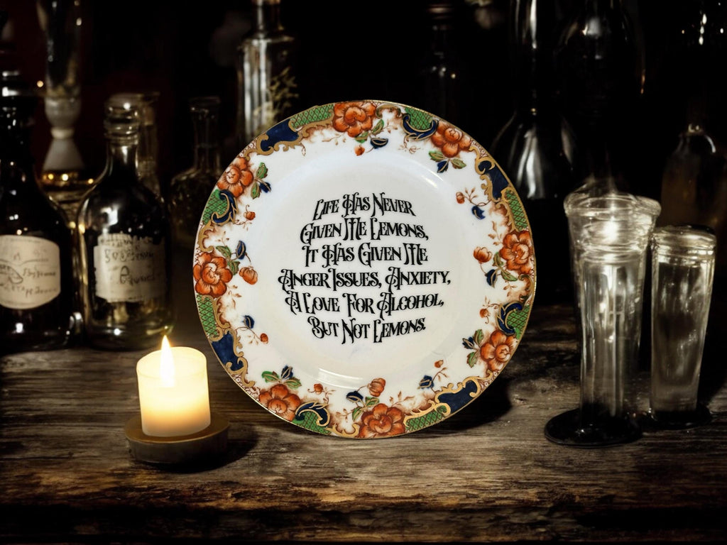 Life Has Never Given Me Lemons Vintage Plate Vintage Crackpottery with stand