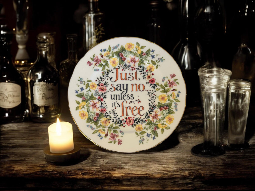 Just Say No Unless Its Free Plate  Vintage Crackpottery with stand