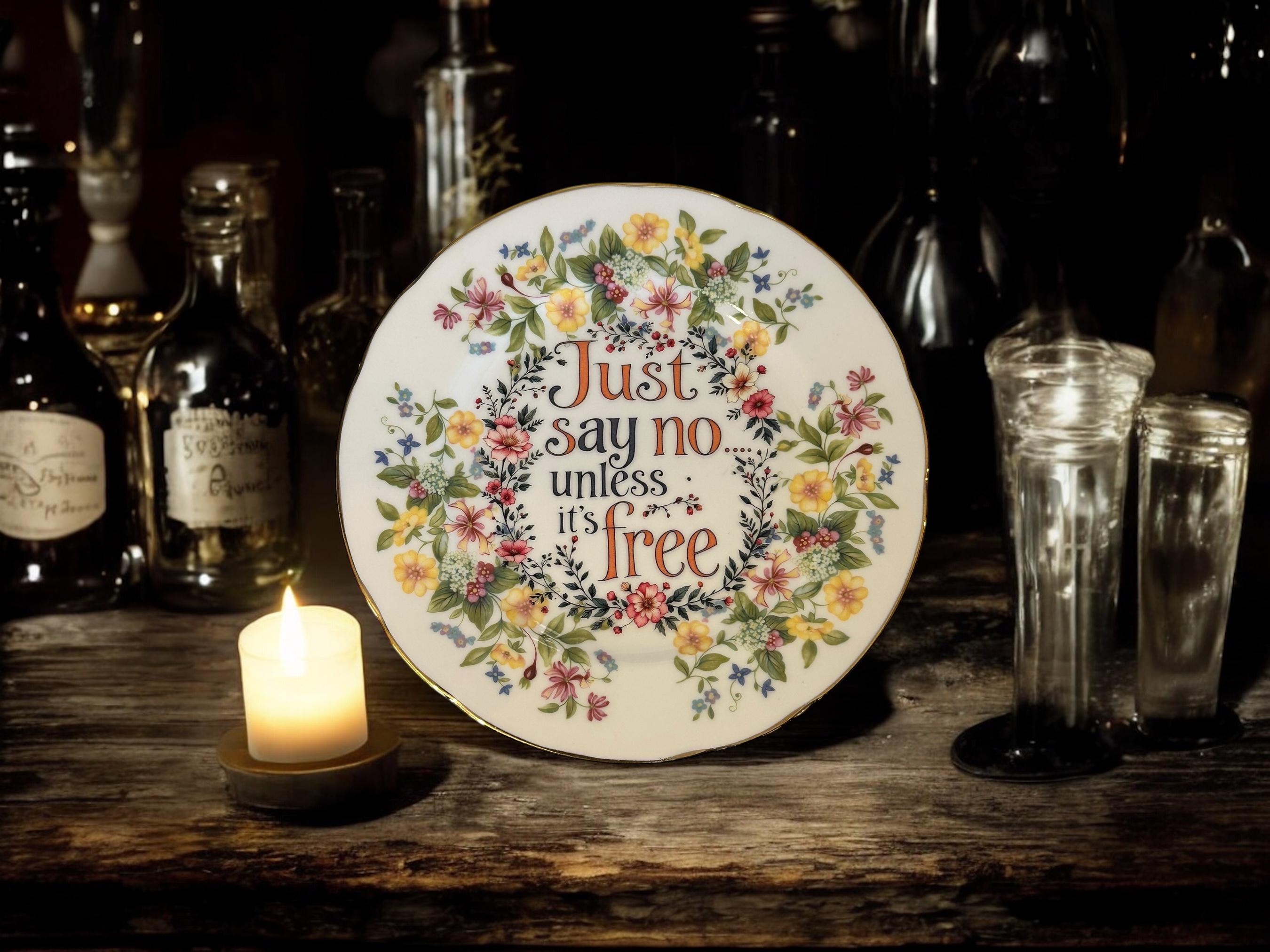 Just Say No Unless Its Free Plate  Vintage Crackpottery with stand