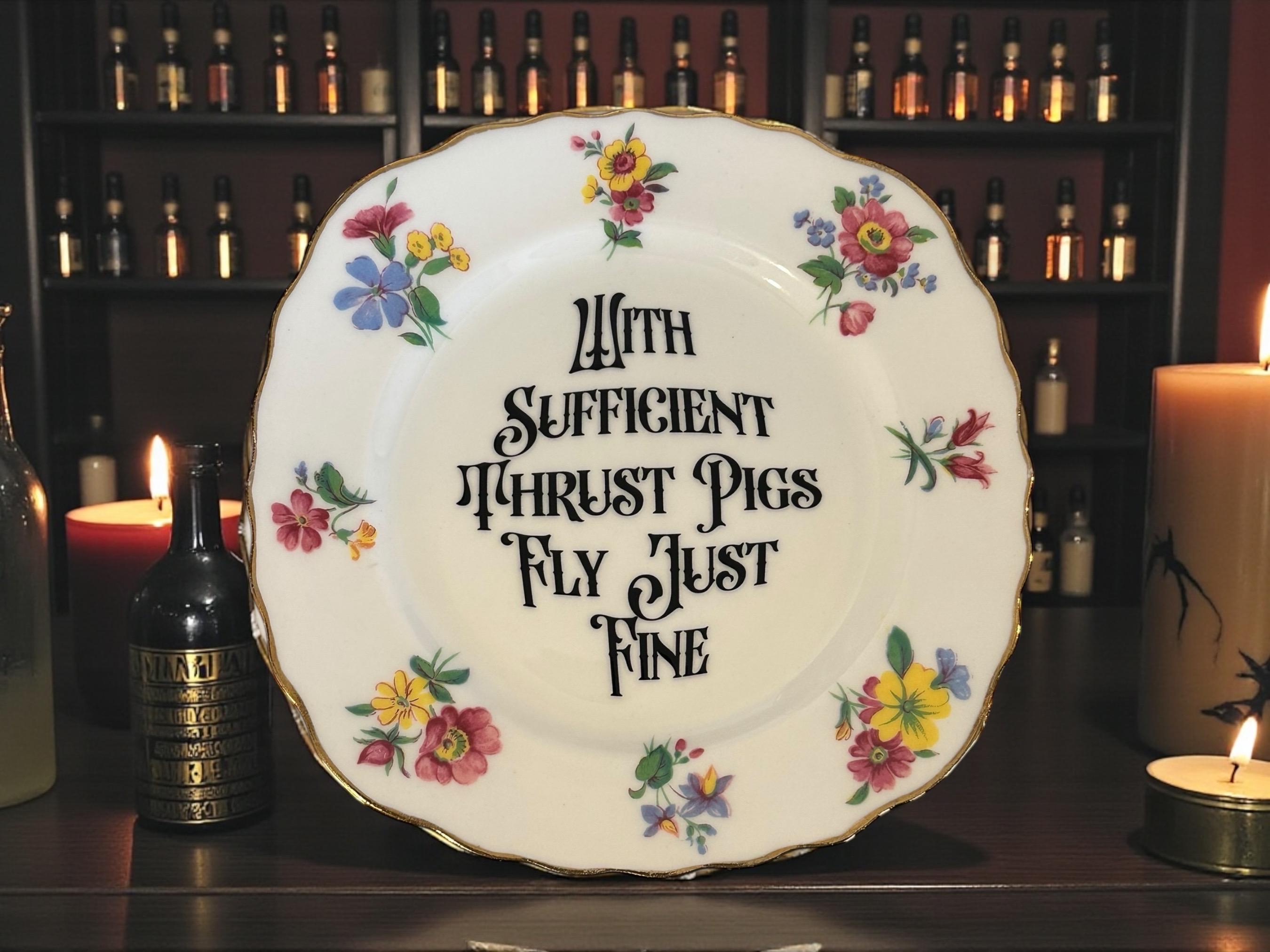 With sufficient thrust pigs fly just fine, vintage plate with stand