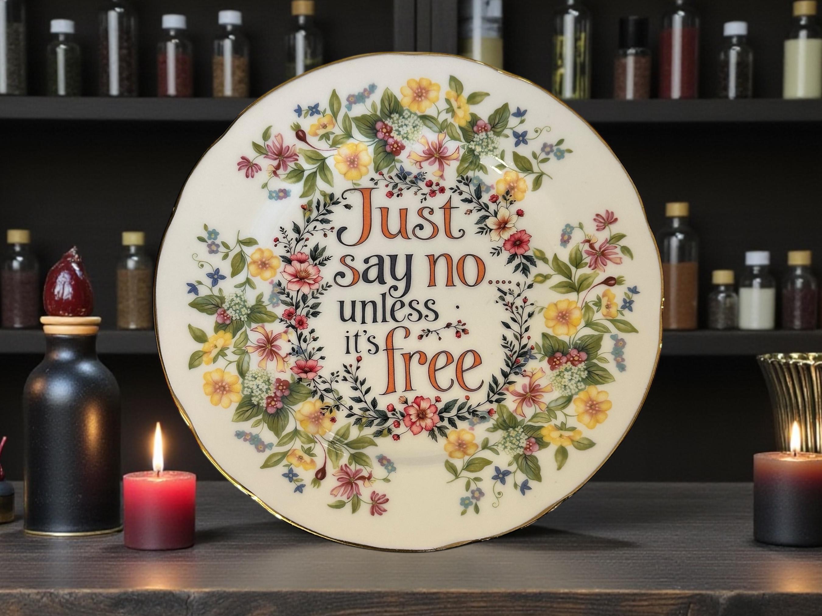 Just Say No Unless Its Free Plate  Vintage Crackpottery with stand