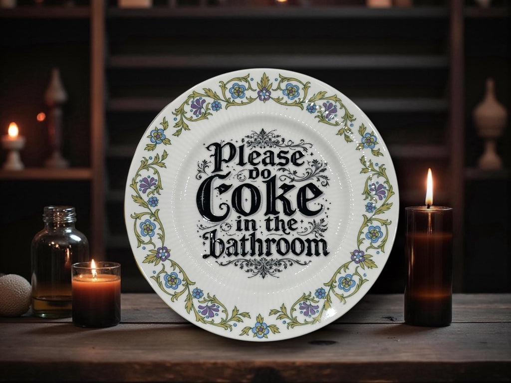 Please Do Coke in the Bathroom Plate  Vintage Crackpottery with stand