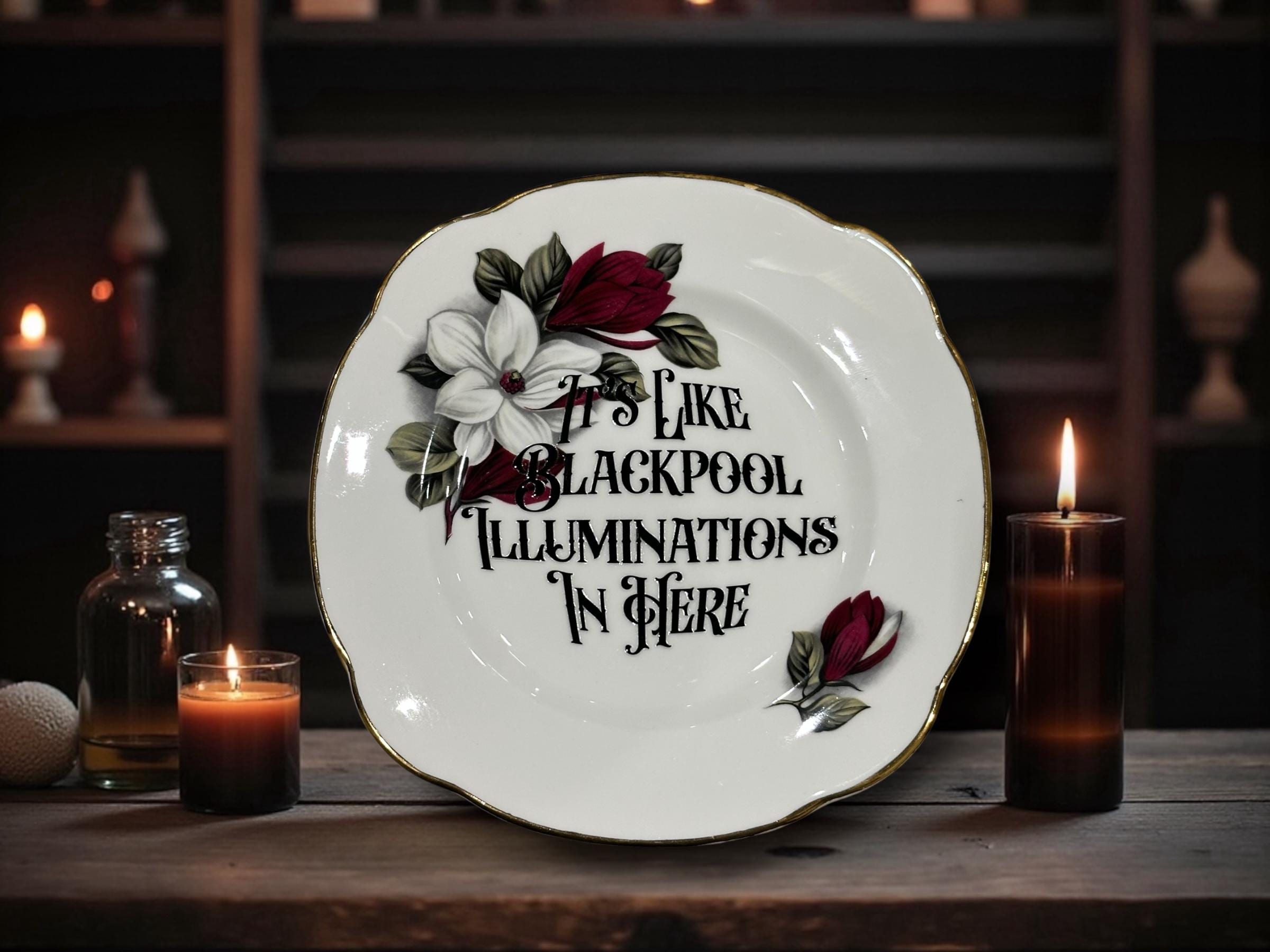 It's like blackpool illuminations in here, vintage plate with stand