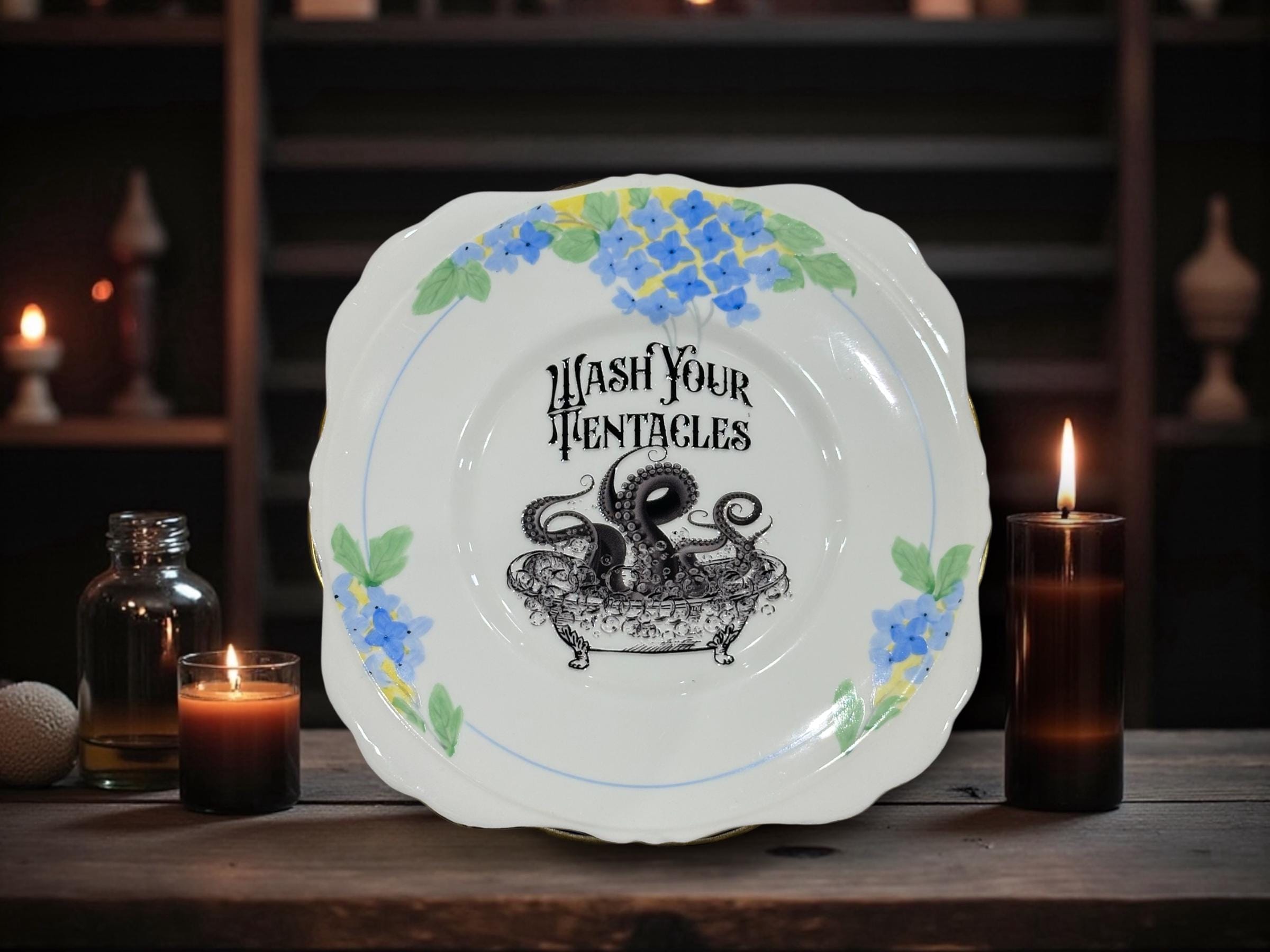 Wash your tentacles, vintage plate with stand