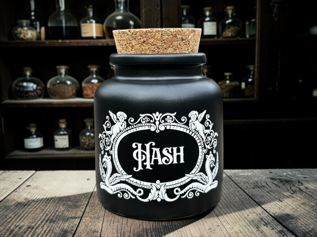 Hash Ceramic Apothecary Jar  Funny Cannabis Decor  Black Gothic Storage Canister