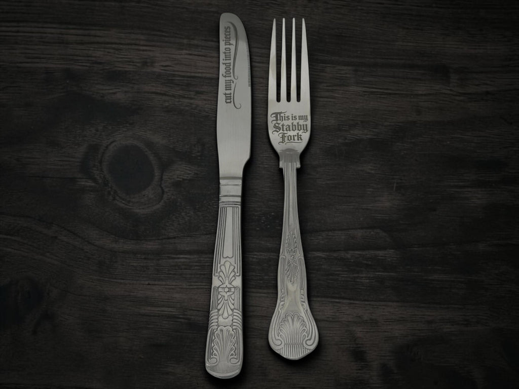 Cut My Food Into Pieces Cutlery Set | Engraved Knife & Stabby Fork | Gothic Blackletter | Dark Humour Gift