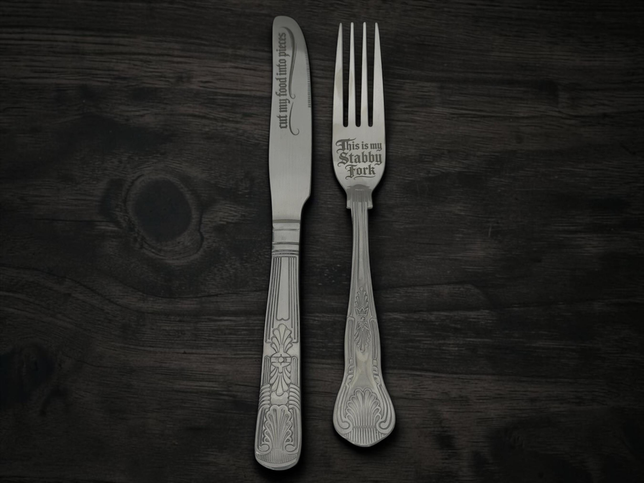Cut My Food Into Pieces Cutlery Set | Engraved Knife & Stabby Fork | Gothic Blackletter | Dark Humour Gift
