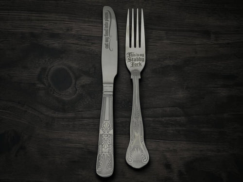 Cut My Food Into Pieces Cutlery Set | Engraved Knife & Stabby Fork | Gothic Blackletter | Dark Humour Gift