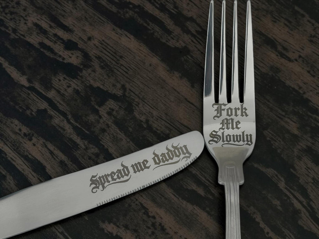 Spread Me Daddy Cutlery Set | Engraved Knife & Fork Me Slowly Fork | Gothic Blackletter | Cheeky Kitchen Gift