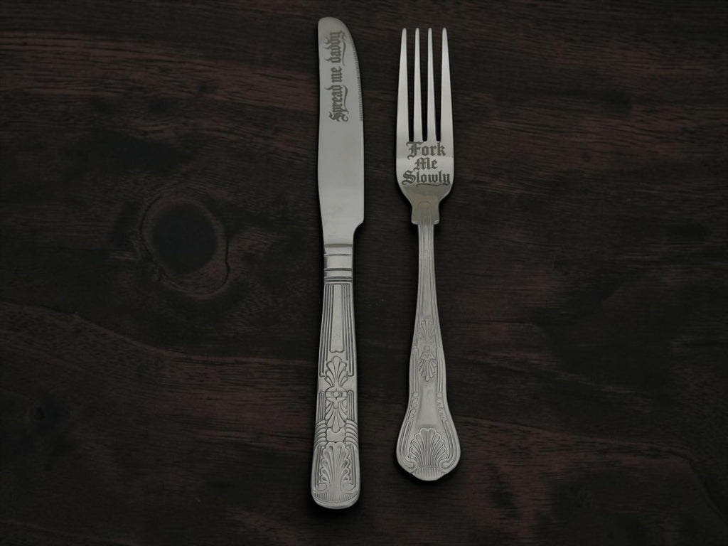 Spread Me Daddy Cutlery Set | Engraved Knife & Fork Me Slowly Fork | Gothic Blackletter | Cheeky Kitchen Gift