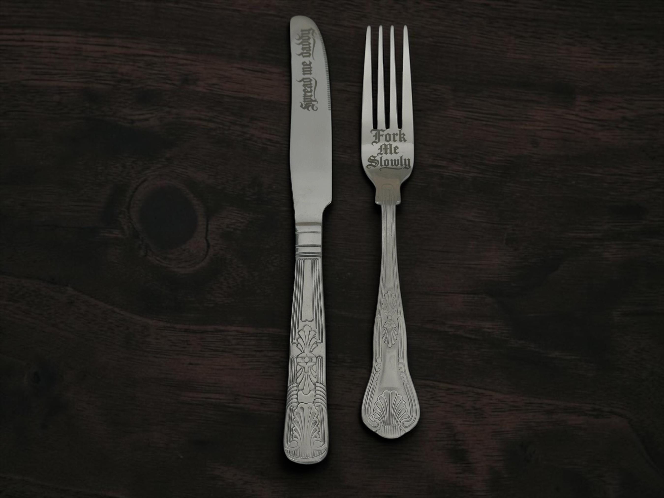 Spread Me Daddy Cutlery Set | Engraved Knife & Fork Me Slowly Fork | Gothic Blackletter | Cheeky Kitchen Gift