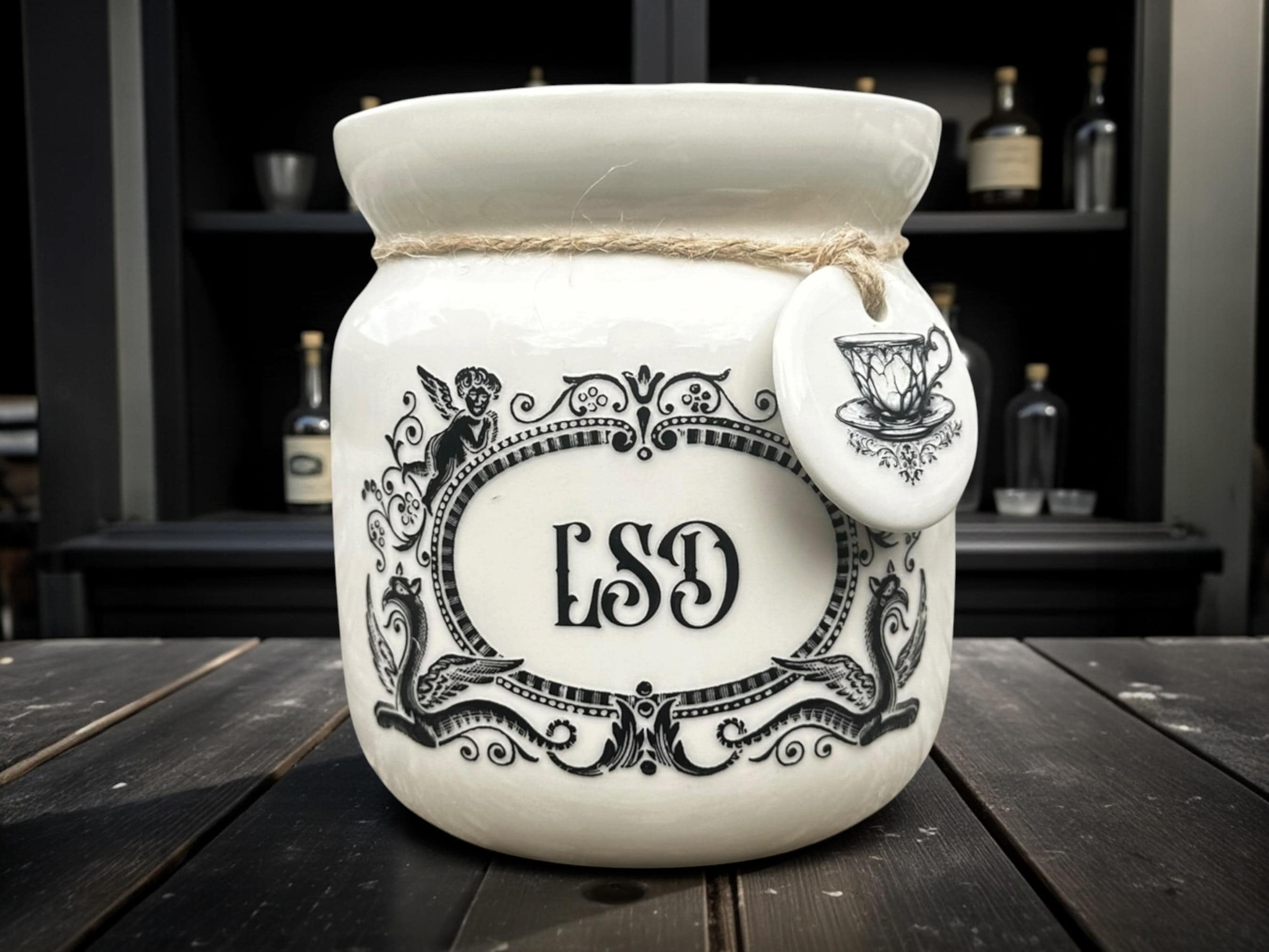 Crackpottery Ceramic Jar “LSD  Funny Storage Jar, Dark Humour Kitchen Canister, Cream Ceramic Jar with Airtight Lid, Quirky Gift