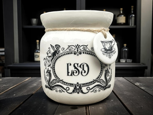 Crackpottery Ceramic Jar “LSD  Funny Storage Jar, Dark Humour Kitchen Canister, Cream Ceramic Jar with Airtight Lid, Quirky Gift